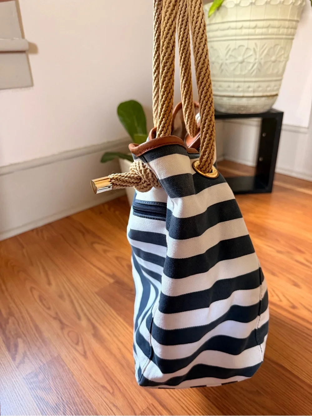 Michael Kors Marina Navy and White Striped Rope-Handle Tote Like New - Picture 5 of 12